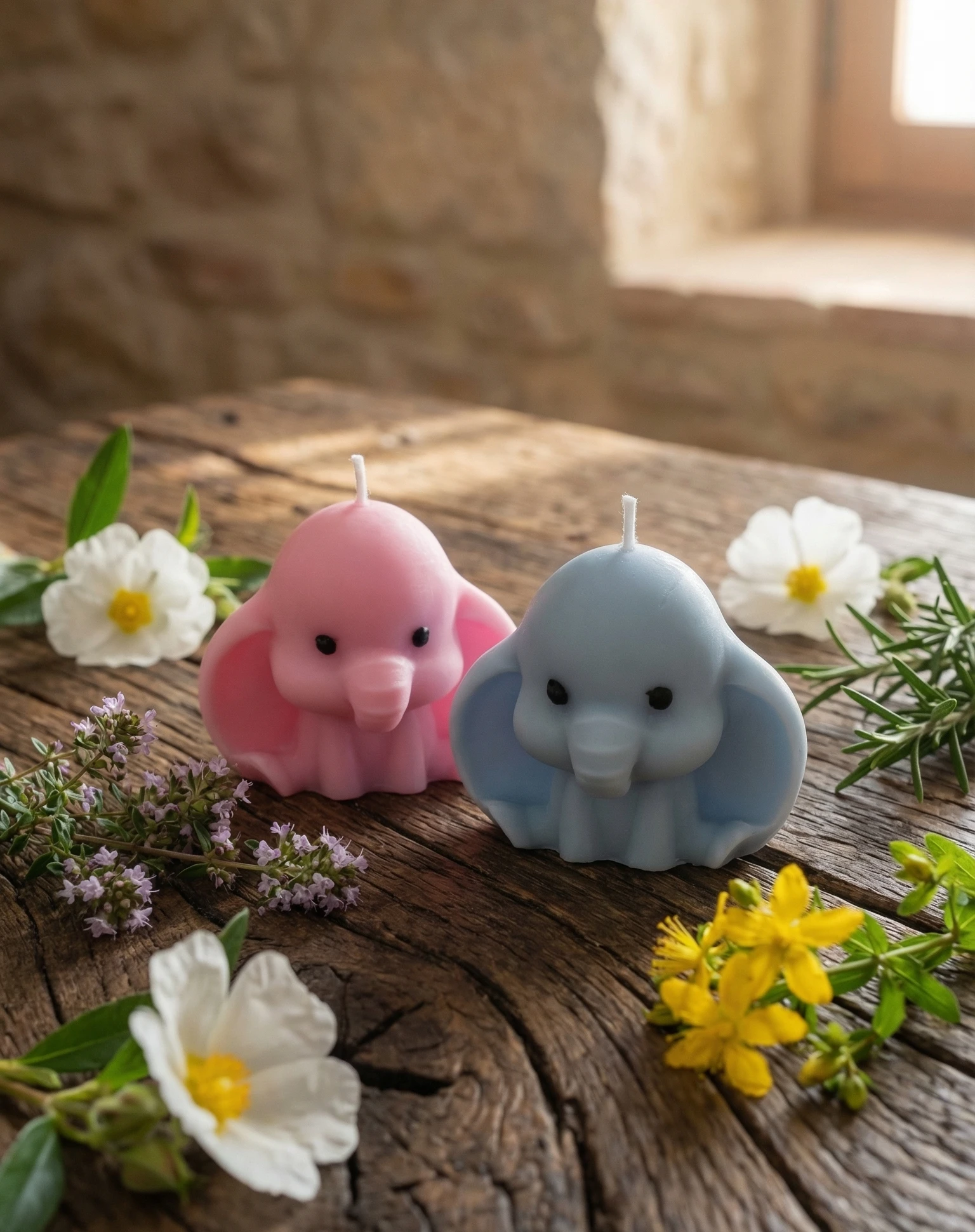 Velas de soja decorativas elefantito artesanales con forma de elefantito rosa y azul rodeadas de flores naturales sobre mesa rústica