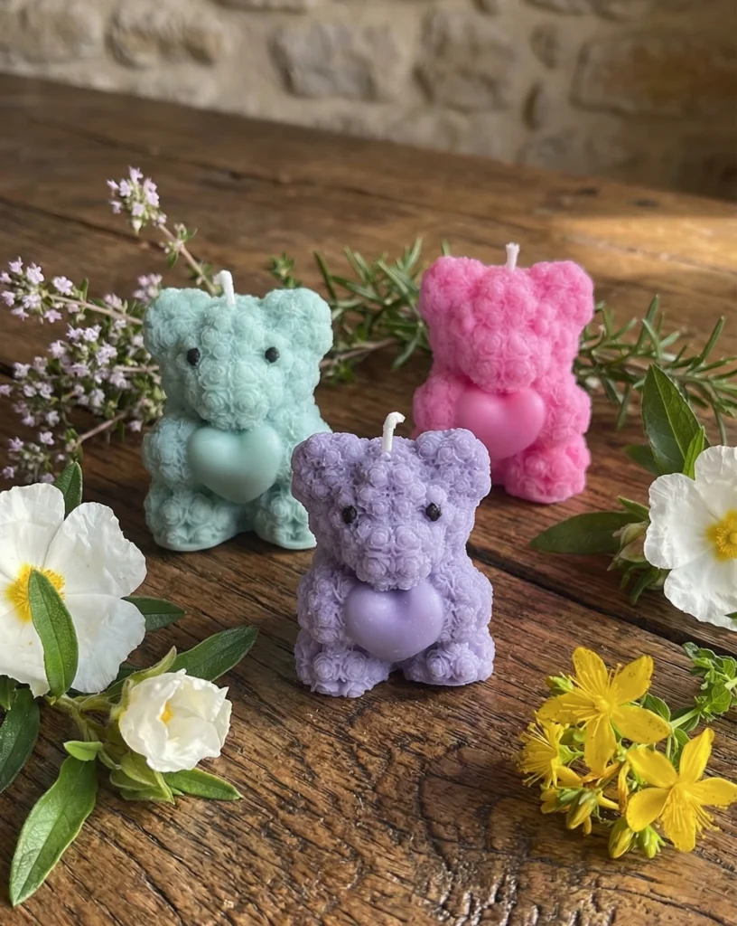 Conjunto de velas de soja decorativas artesanales con forma de osito con corazón en colores rosa, morado y verde sobre mesa rústica con flores