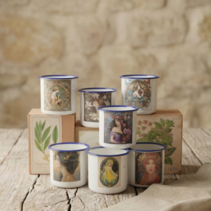 colección de velas de soja aromáticas en tacita esmaltada con distintos aromas