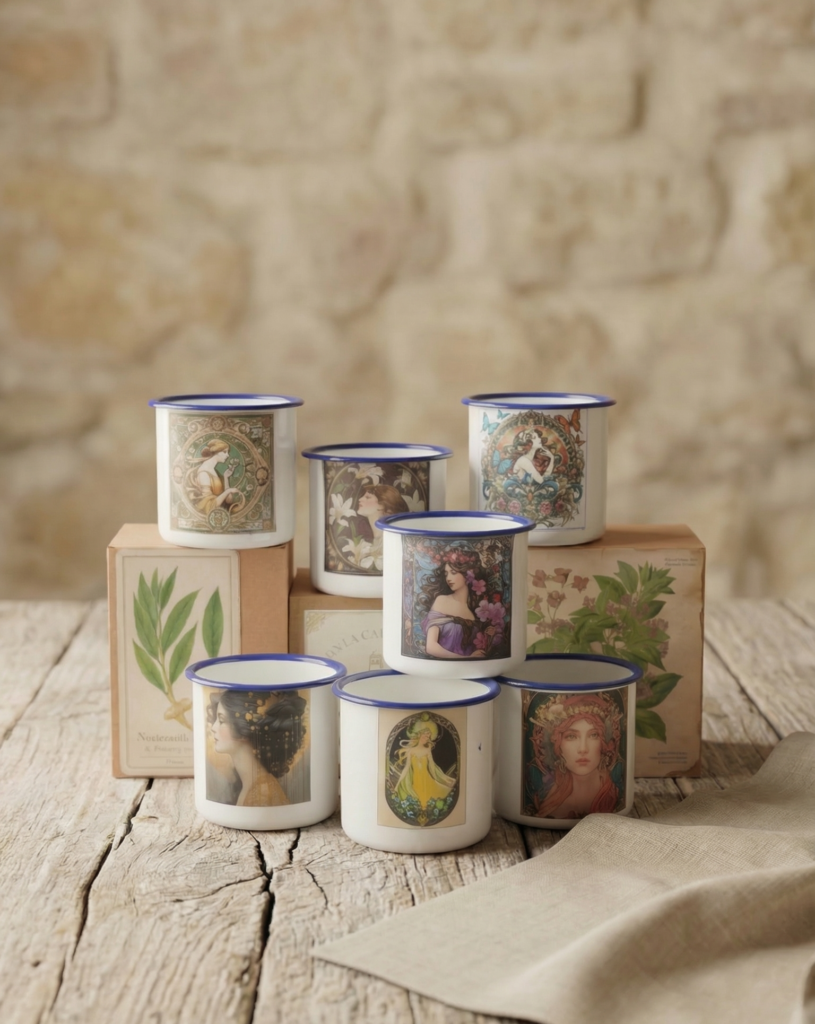 colección de velas de soja aromáticas en tacita esmaltada con distintos aromas