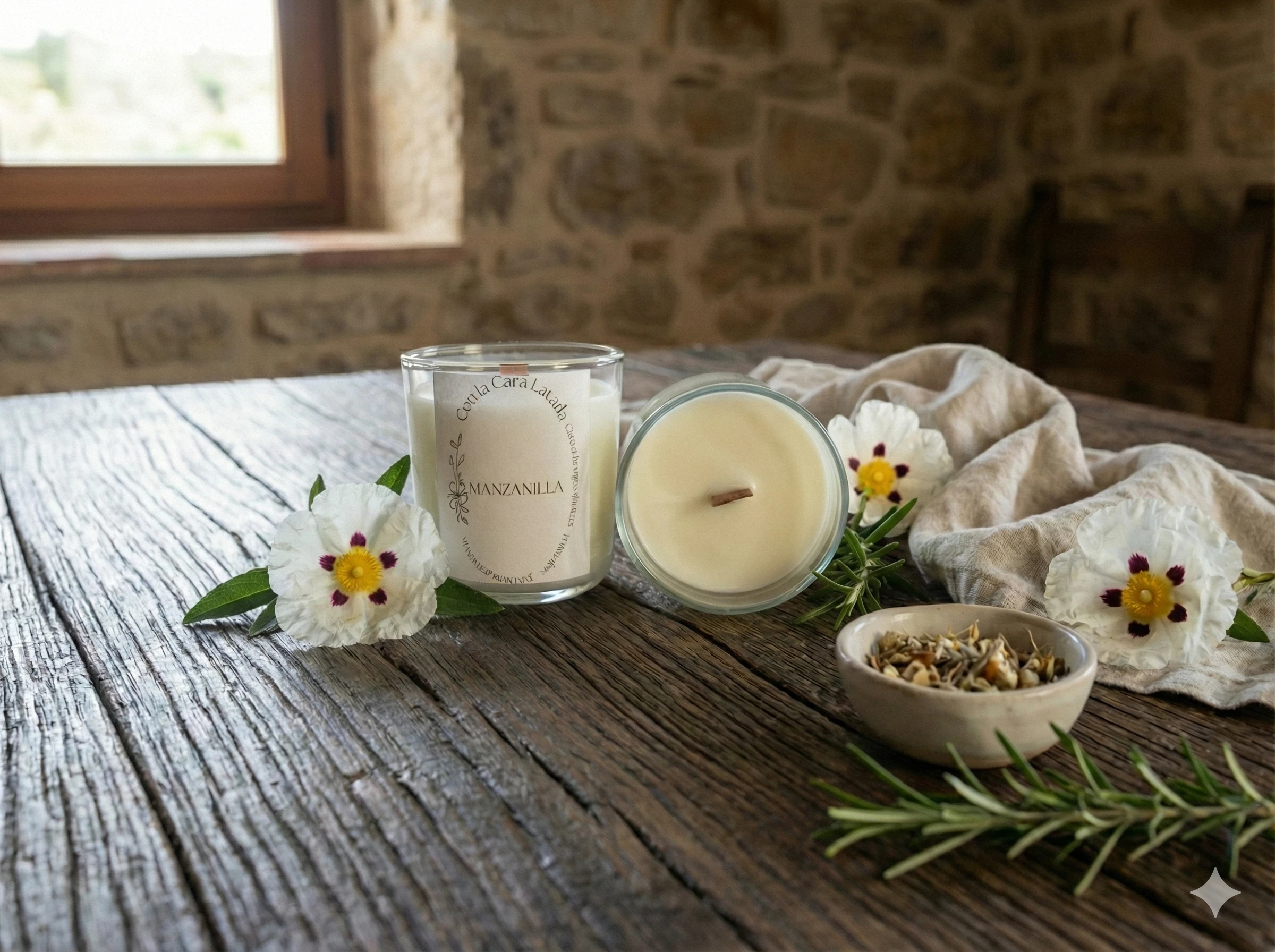 Vela de aromaterapia manzanilla artesanal en vaso de cristal con flores sobre mesa rústica