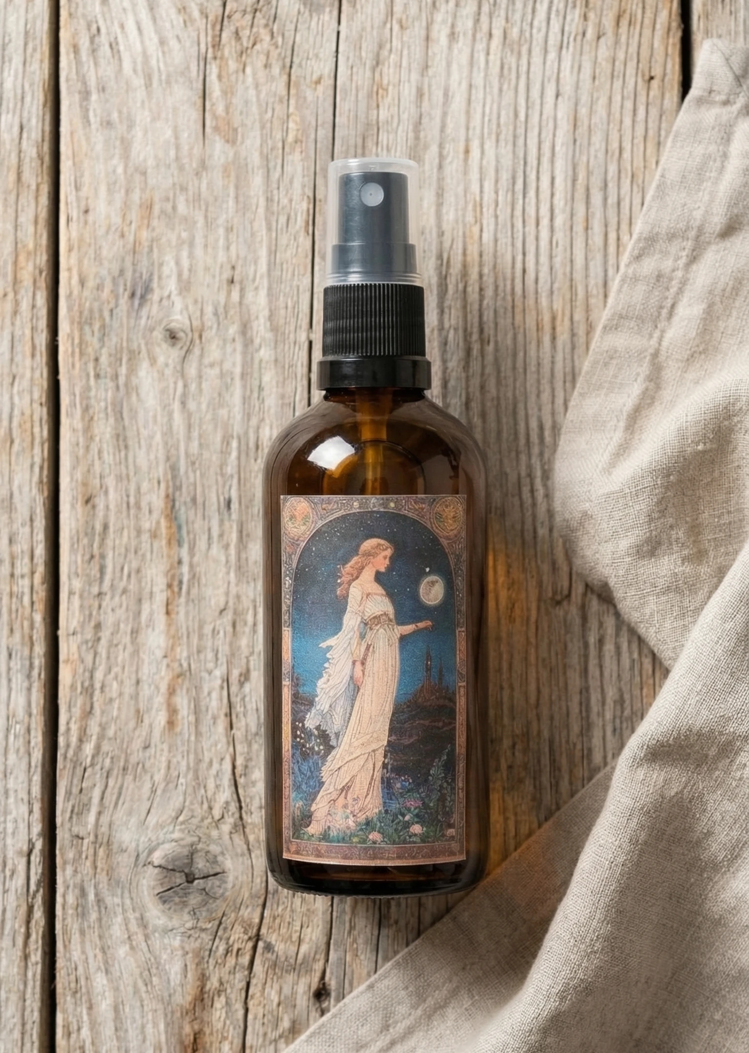 Bruma de almohada natural aroma jazmín en frasco de vidrio ámbar sobre mesa de madera rústica con tela de lino