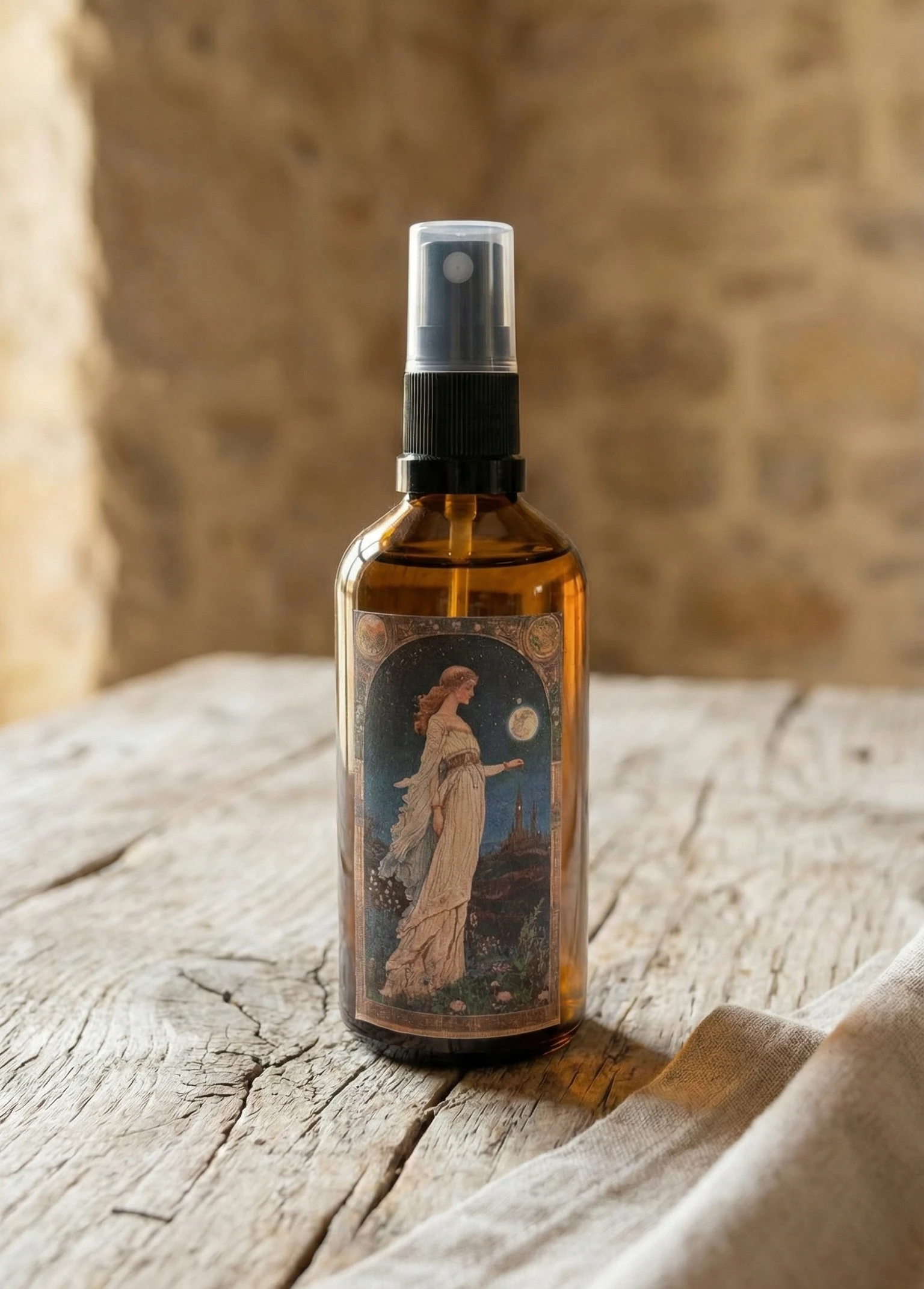 bruma de almohada natural con aroma a jazmín en frasco ámbar sobre mesa de madera rústica