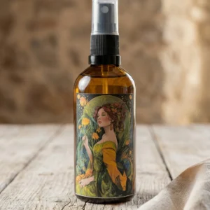 Bruma de almohada natural con aroma a jengibre en frasco ámbar sobre mesa de madera rústica