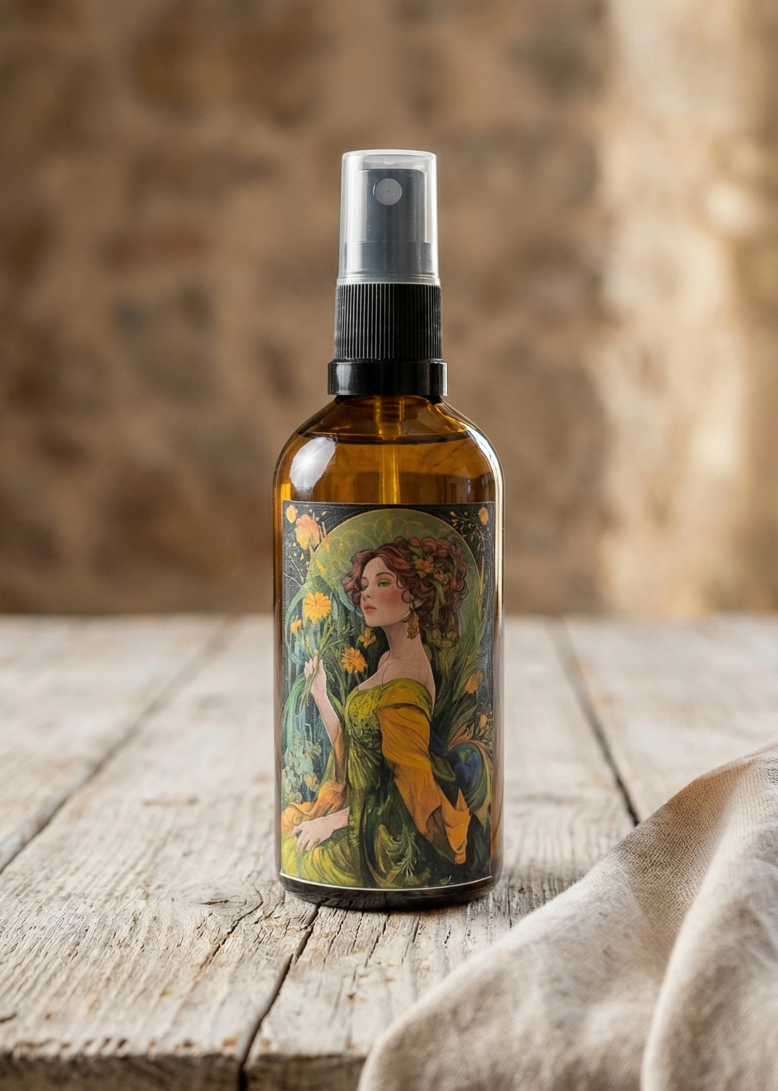 Bruma de almohada natural con aroma a jengibre en frasco ámbar sobre mesa de madera rústica