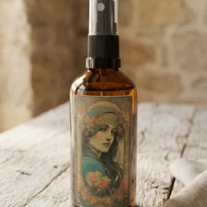 Bruma de almohada natural aroma sándalo en frasco de vidrio ámbar sobre mesa rústica