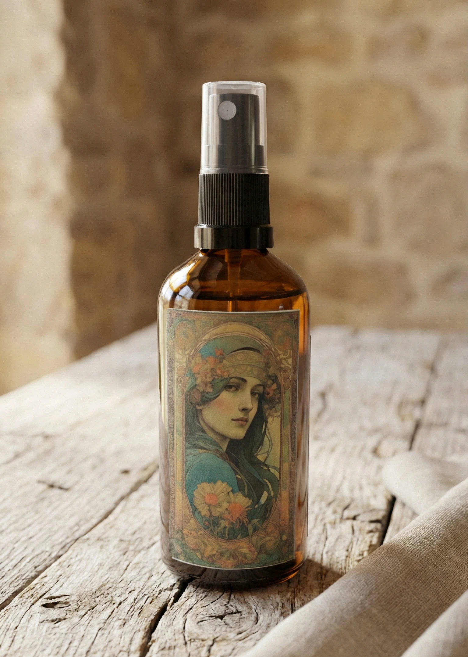 Bruma de almohada natural aroma sándalo en frasco de vidrio ámbar sobre mesa rústica