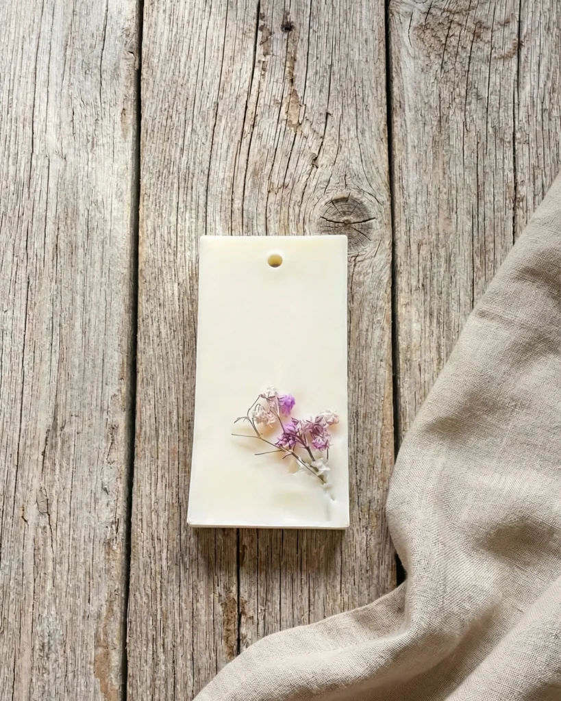 Vista cenital de cera perfumada artesanal para armarios con flores secas