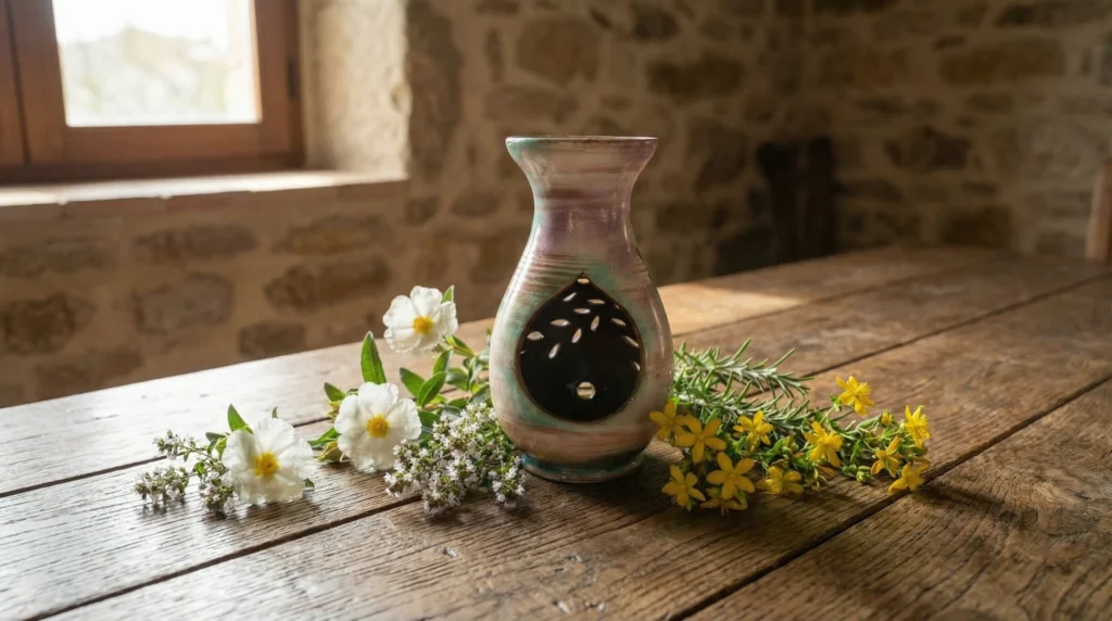 Quemador Venus rodeado de flores sobre mesa rústica. Foto en página de inicio