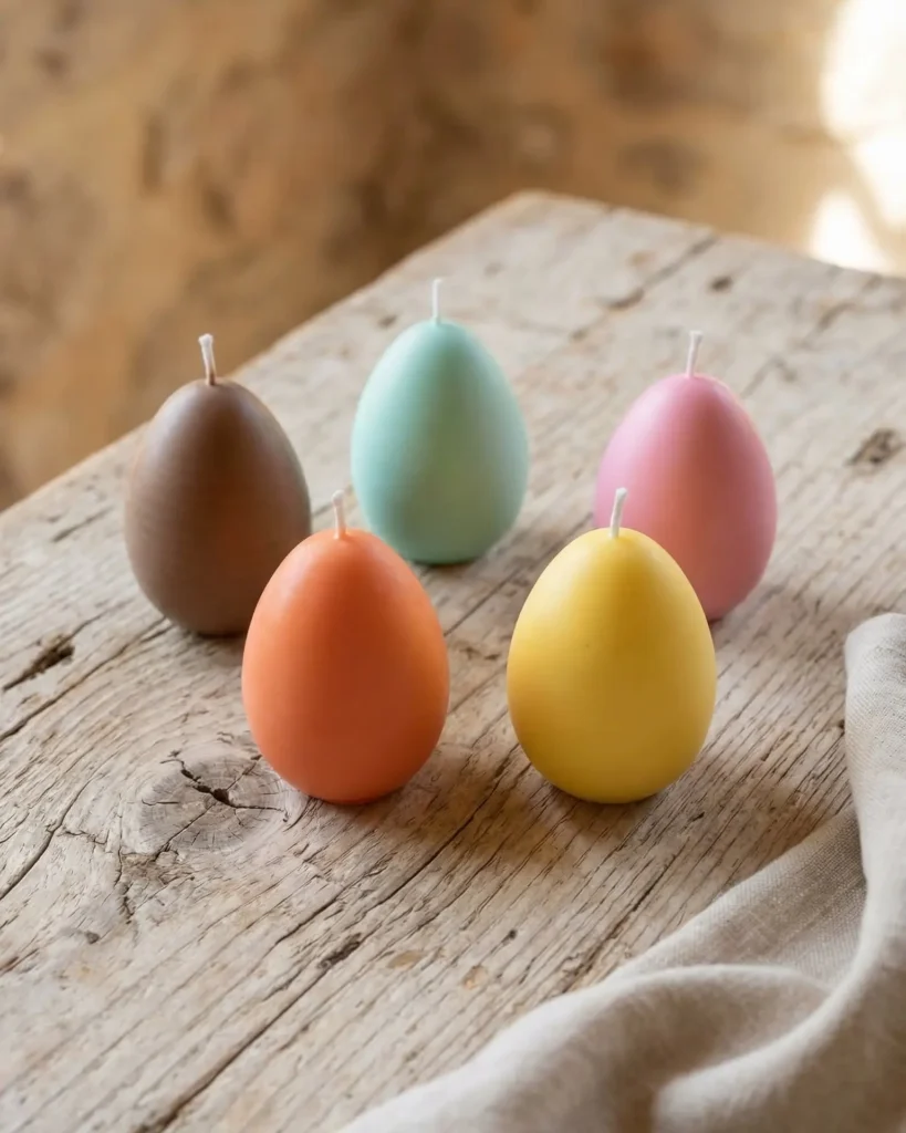 Conjunto de velas huevo de Pascua de colores sobre mesa de madera