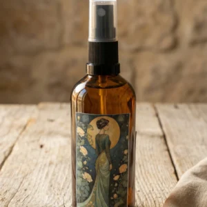 Spray de almohada con aroma a rosas antiguas rodeado de flores naturales sobre mesa de madera