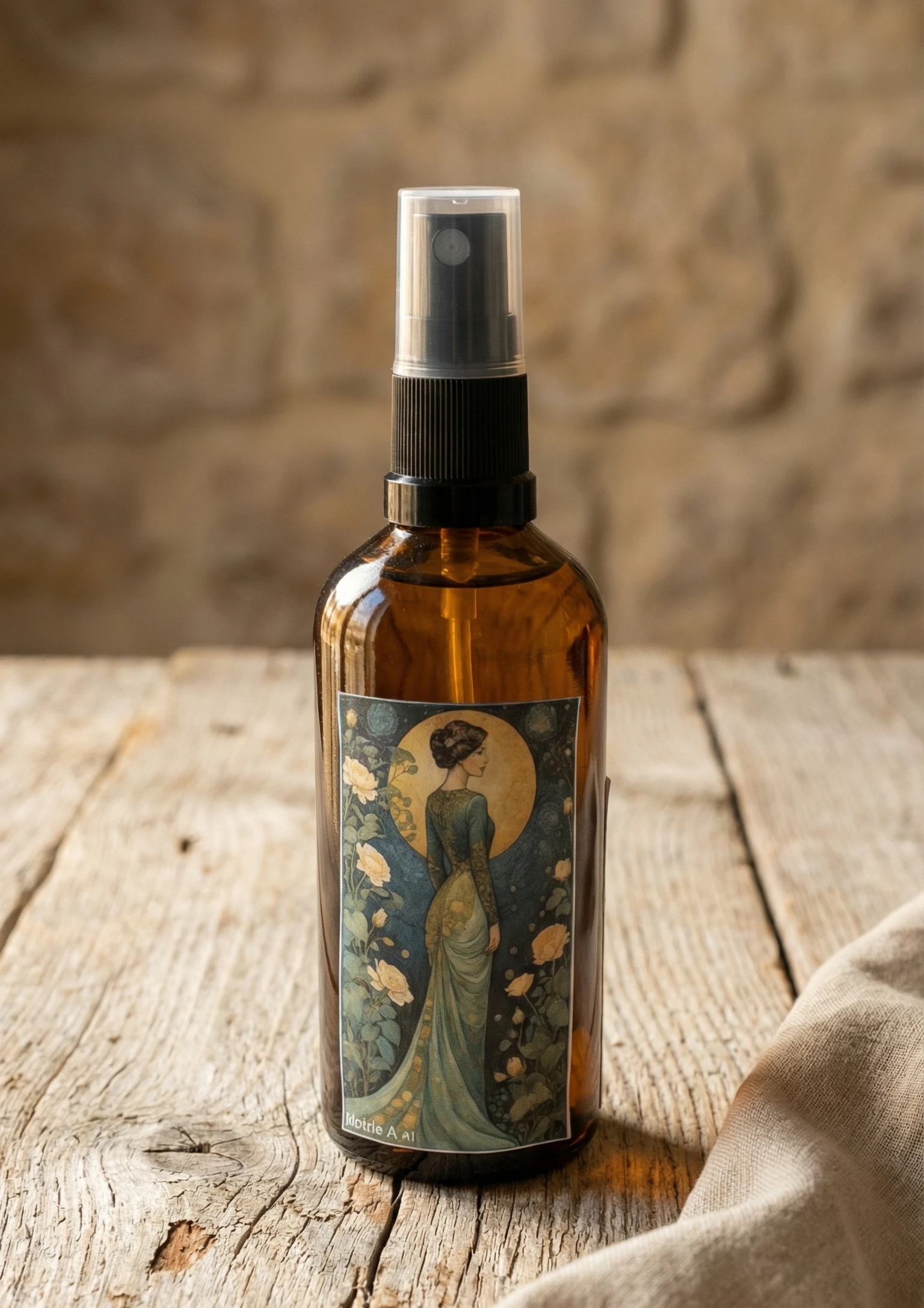 Spray de almohada con aroma a rosas antiguas rodeado de flores naturales sobre mesa de madera