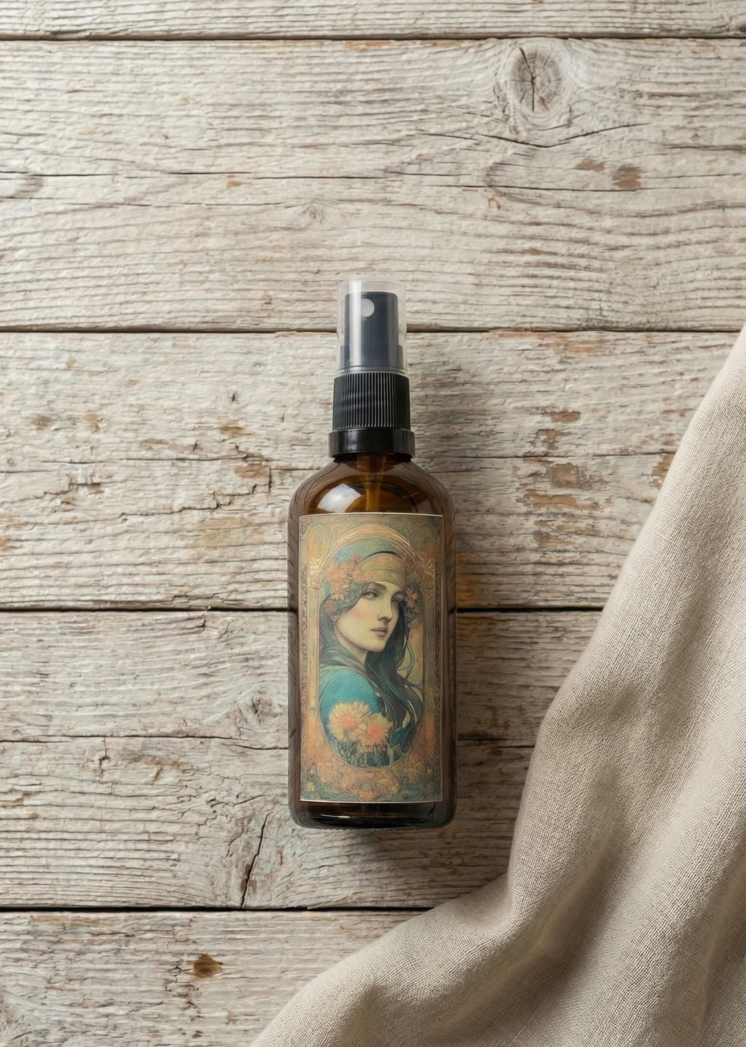 Spray de almohada con aroma a sándalo en frasco ámbar sobre mesa de madera