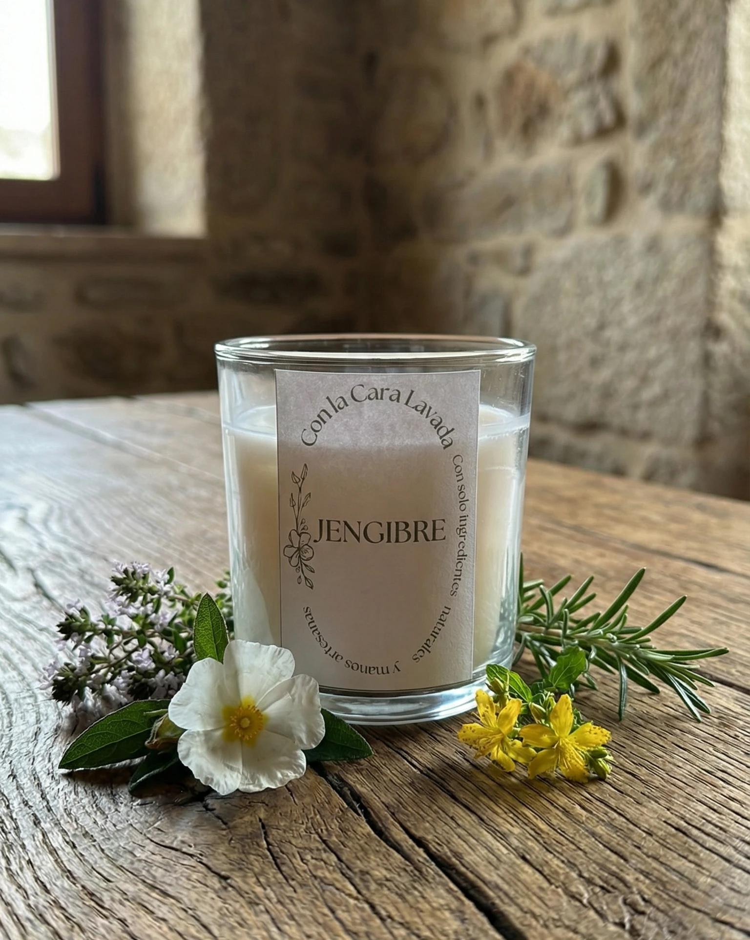 vela de aromaterapia jengibre natural con flores y plantas aromáticas