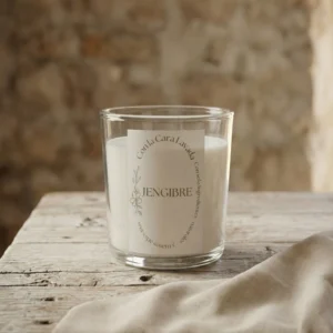 vela aromática de jengibre natural en vaso de cristal sobre mesa rústica