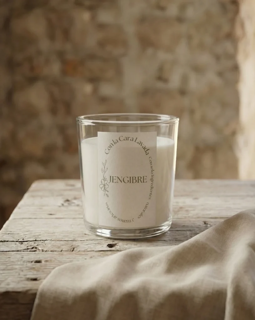 vela aromática de jengibre natural en vaso de cristal sobre mesa rústica
