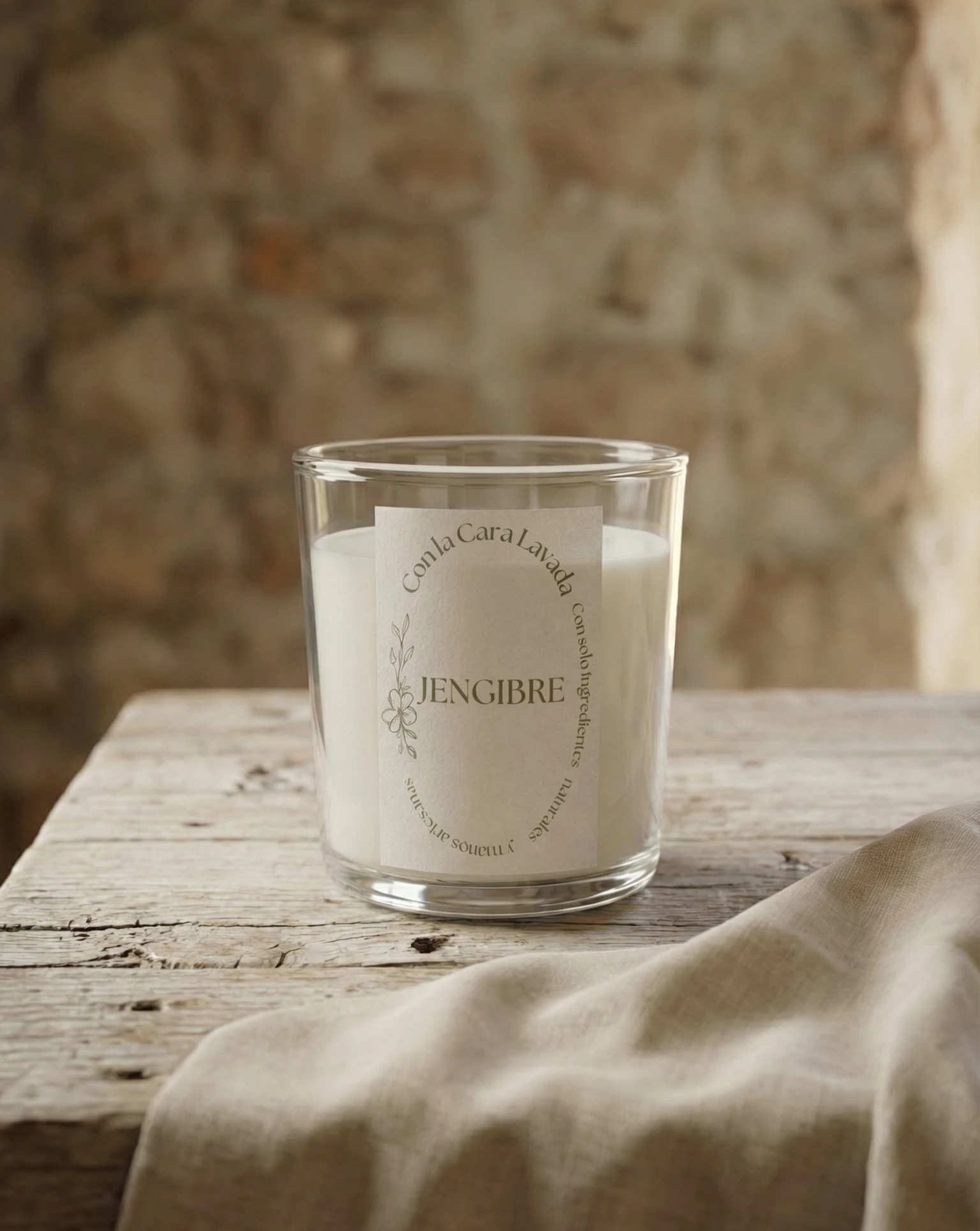 vela aromática de jengibre natural en vaso de cristal sobre mesa rústica