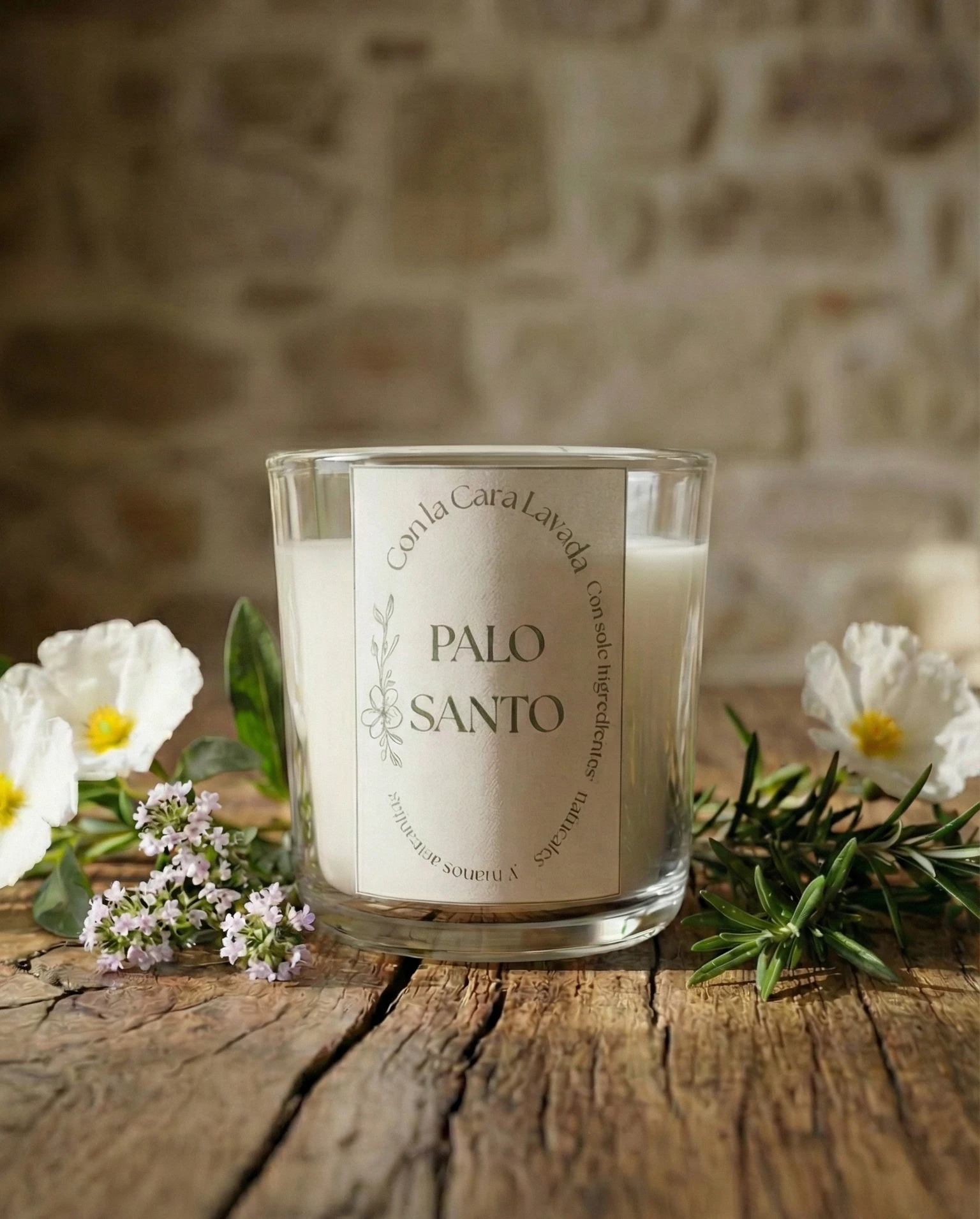 vela natural de aromaterapia aroma palo santo con flores sobre mesa rústica