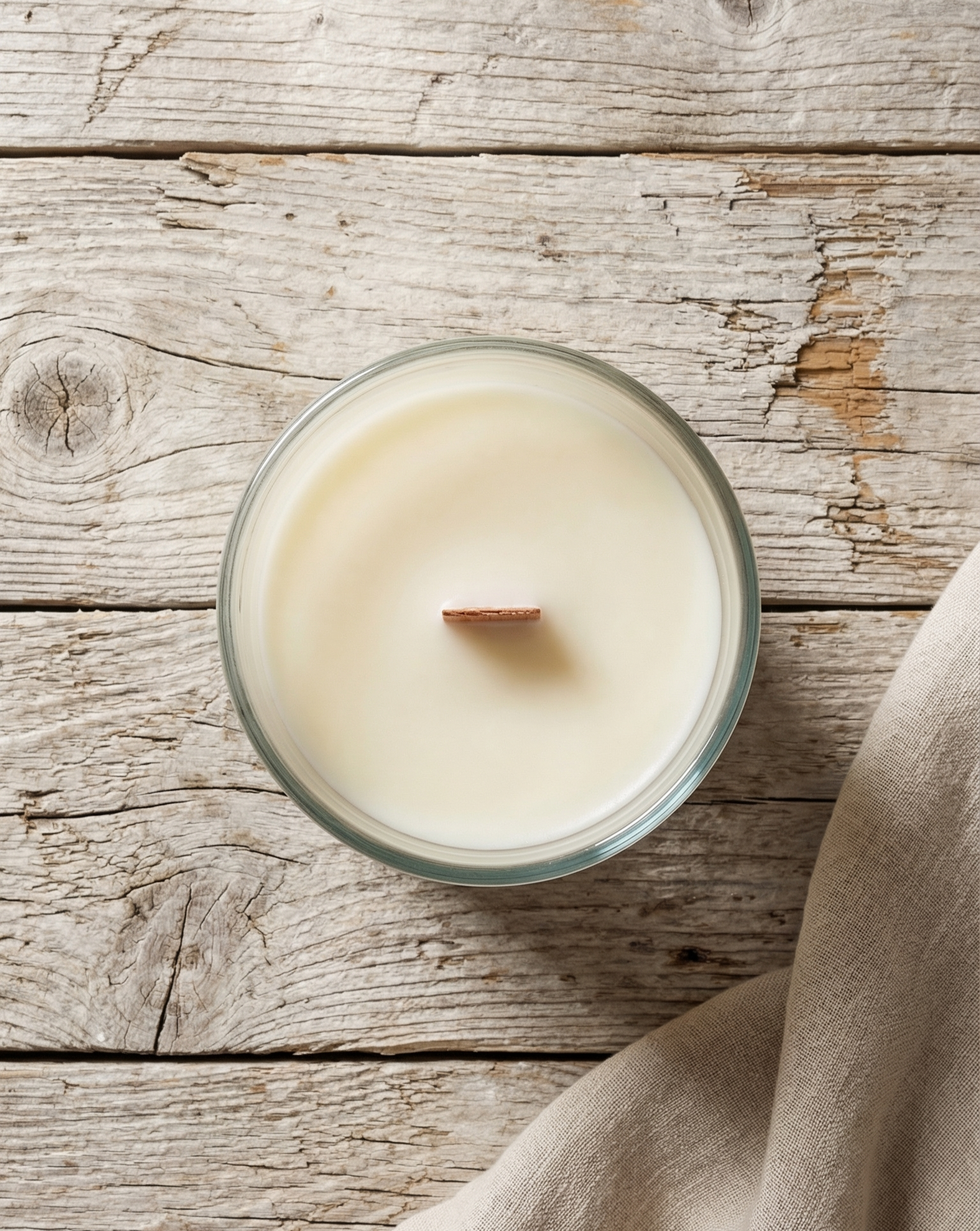 vista superior de vela de soja con aroma a vainilla y mecha de madera