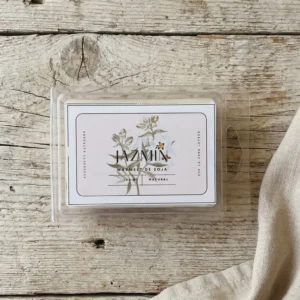 vista superior wax melt jazmín cera de soja natural con etiqueta botánica
