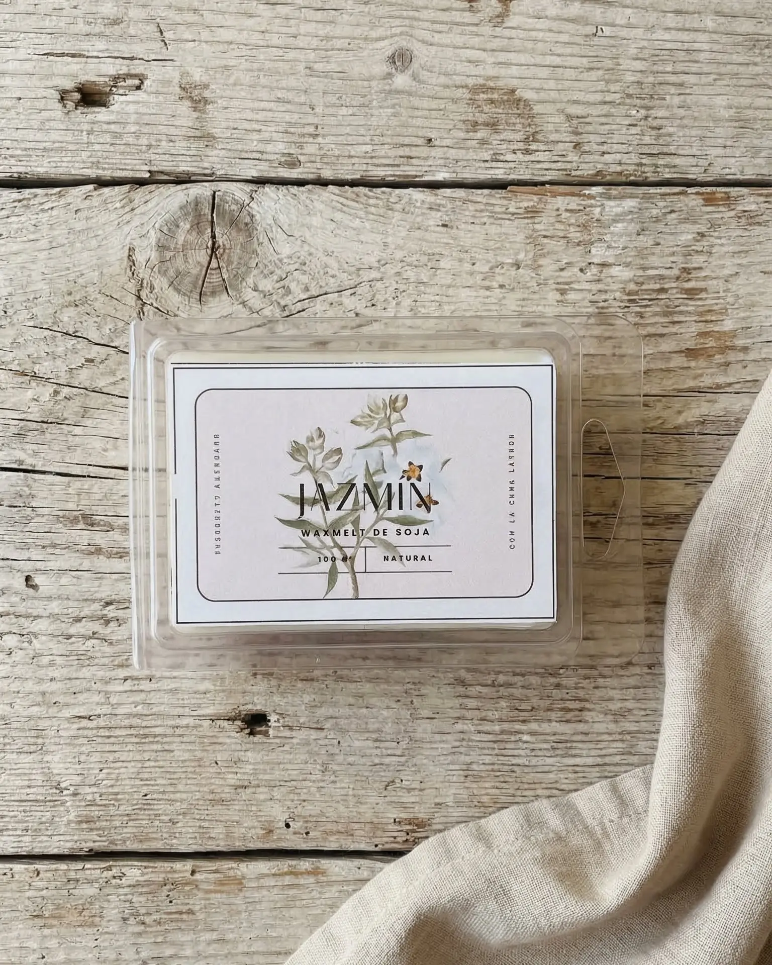 vista superior wax melt jazmín cera de soja natural con etiqueta botánica