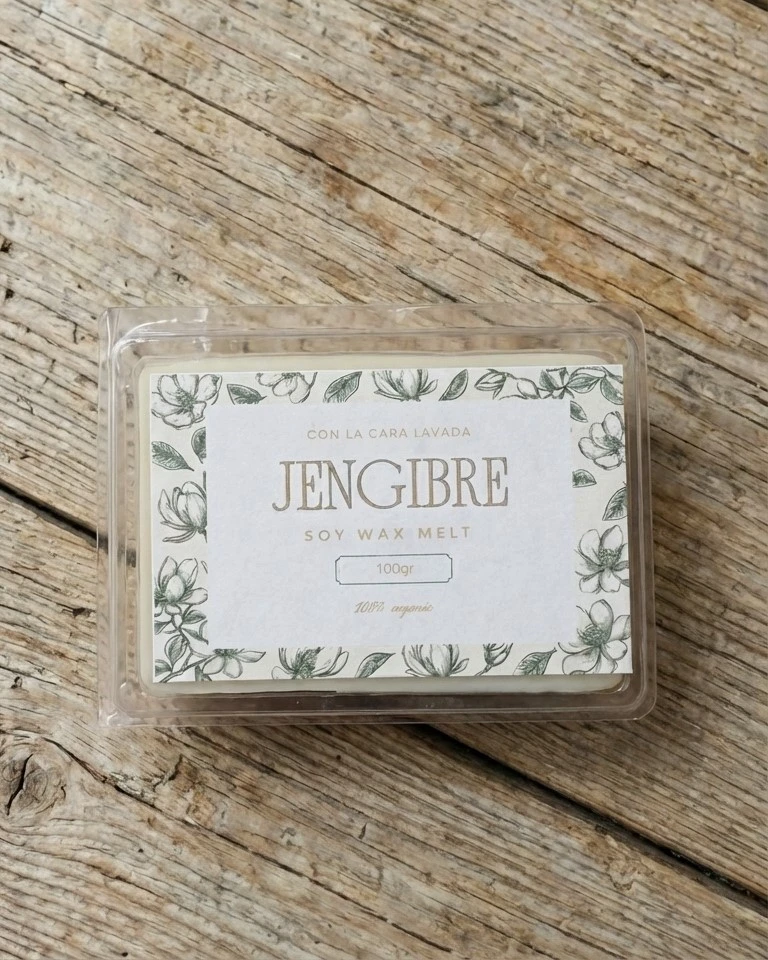 vista superior wax melt de jengibre con etiqueta botánica