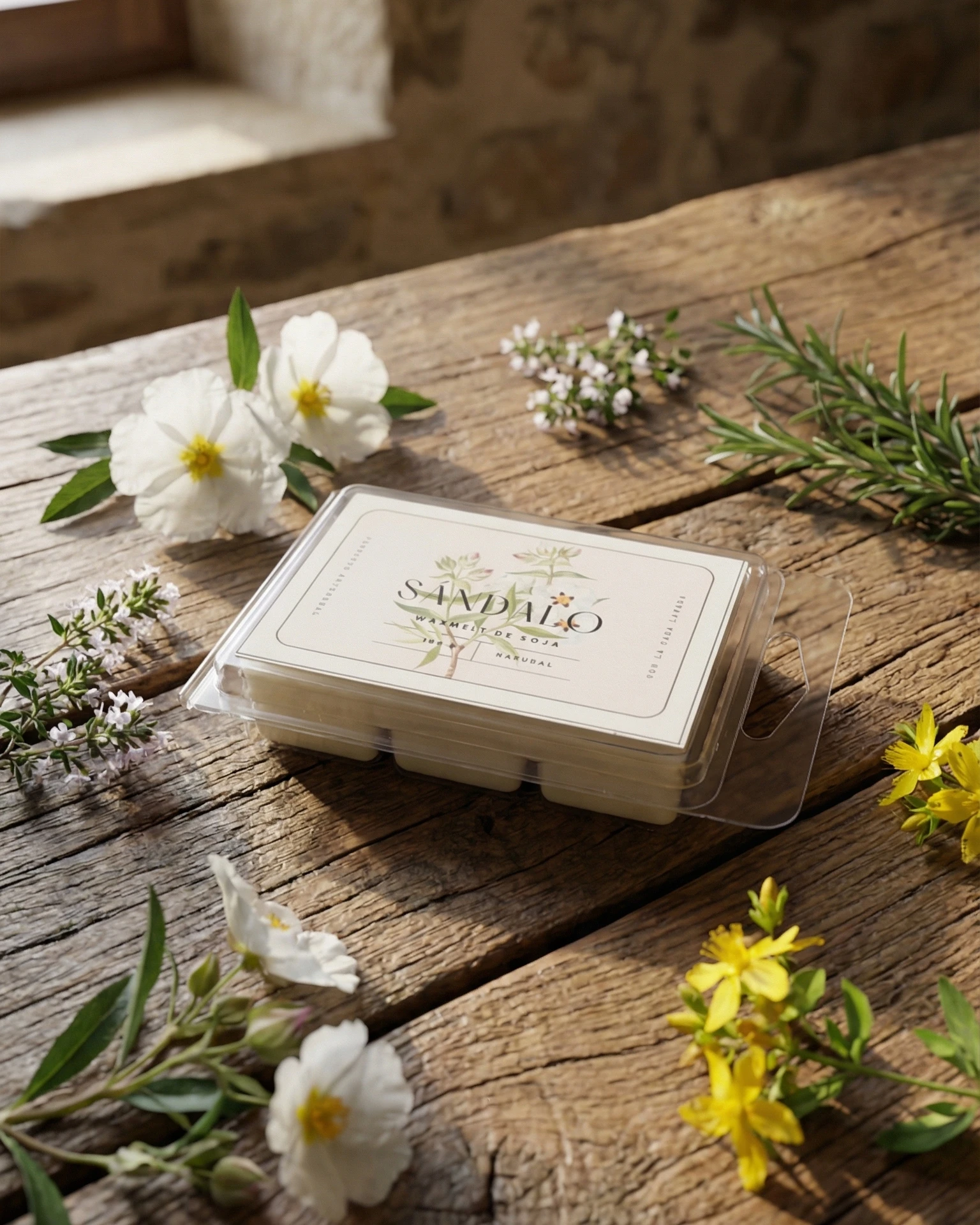wax melt de sándalo rodeado de flores en mesa de madera rústica