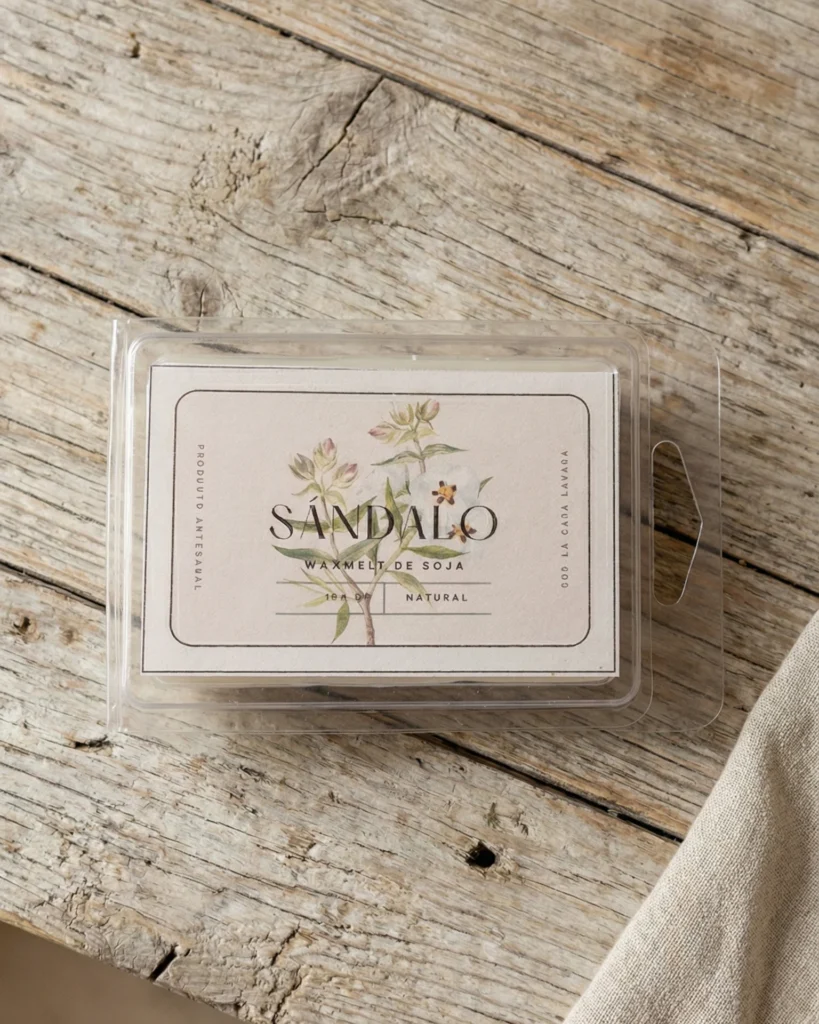 wax melt de sándalo en envase transparente sobre mesa de madera