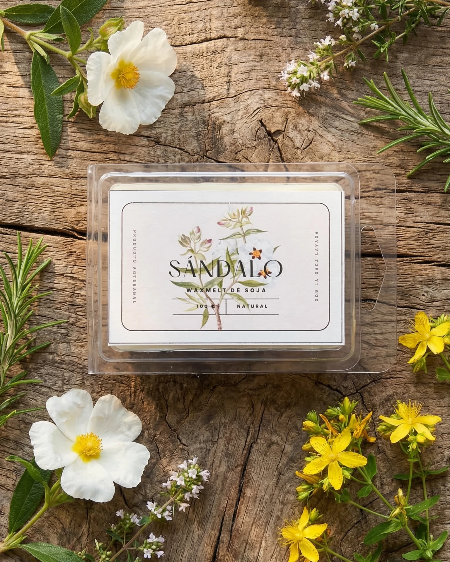 wax melt de sándalo con flores y plantas sobre fondo de madera