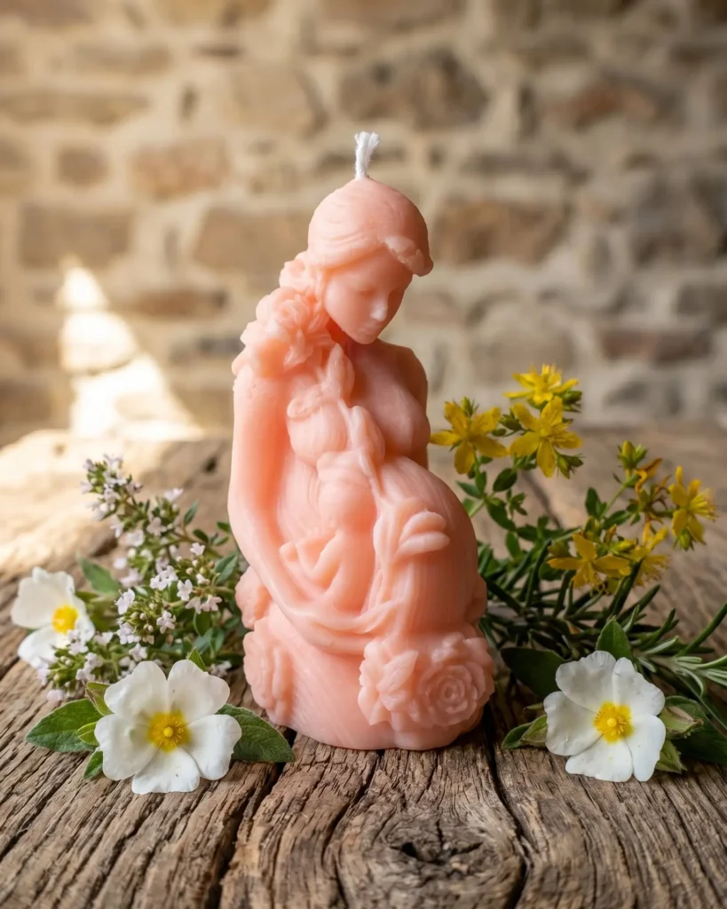 vela decorativa mujer embarazada de soja Mamma Mia con flores estilo natural artesanal