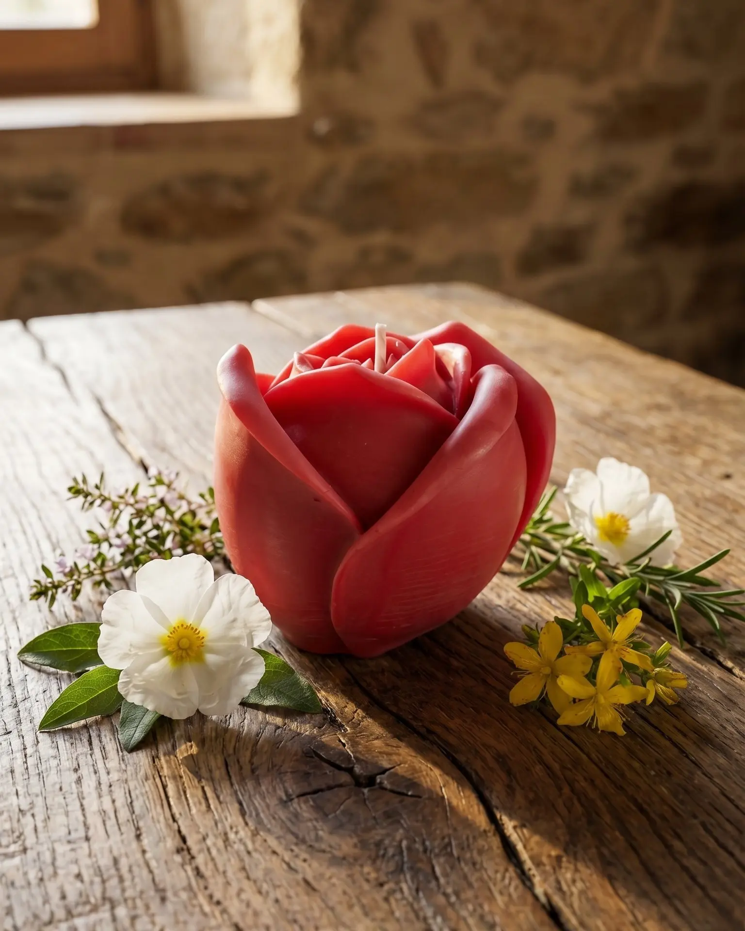 vela roja en forma de rosa rodeada de flores naturales sobre mesa de madera