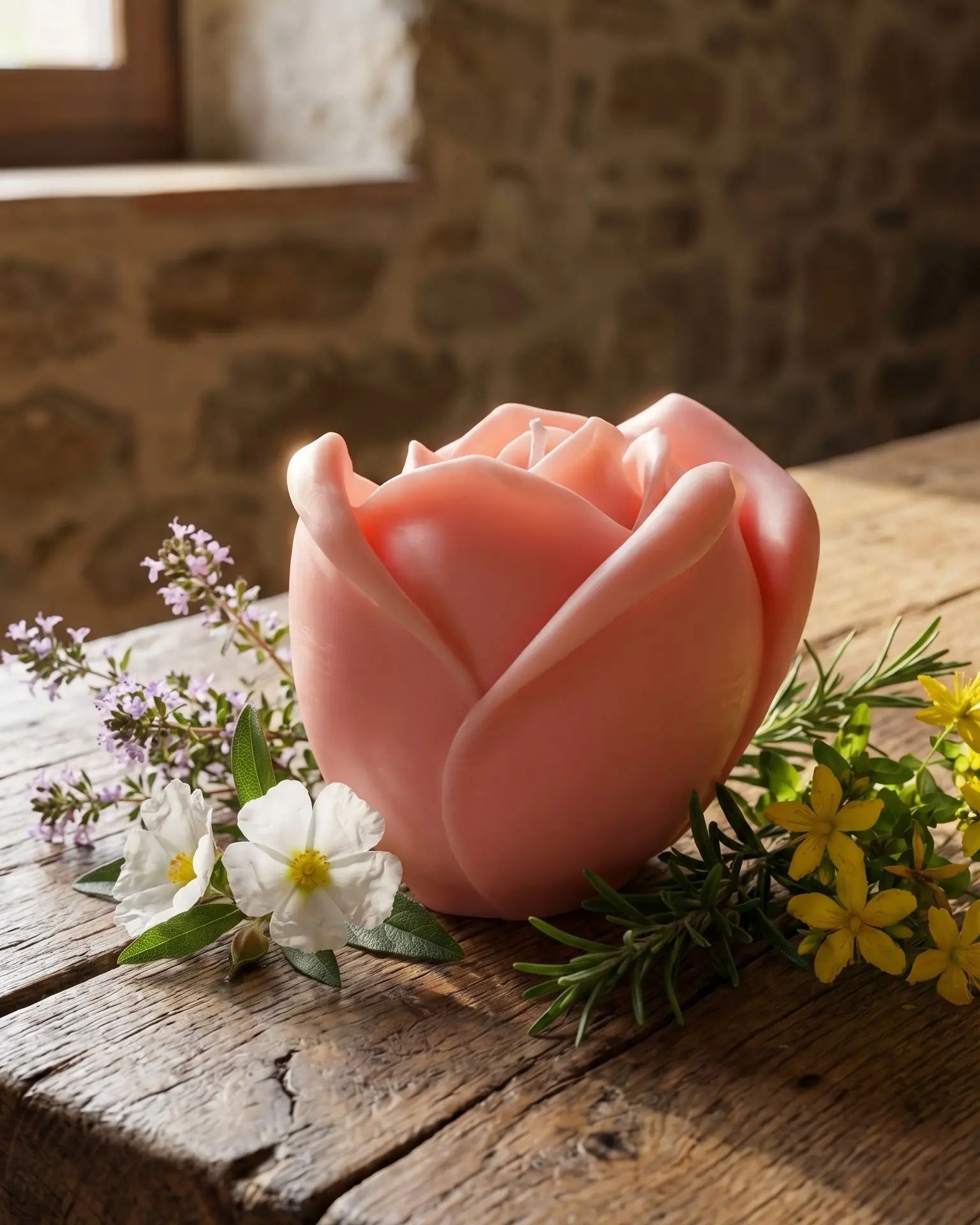 vela rosa en forma de rosa rodeada de flores naturales sobre madera