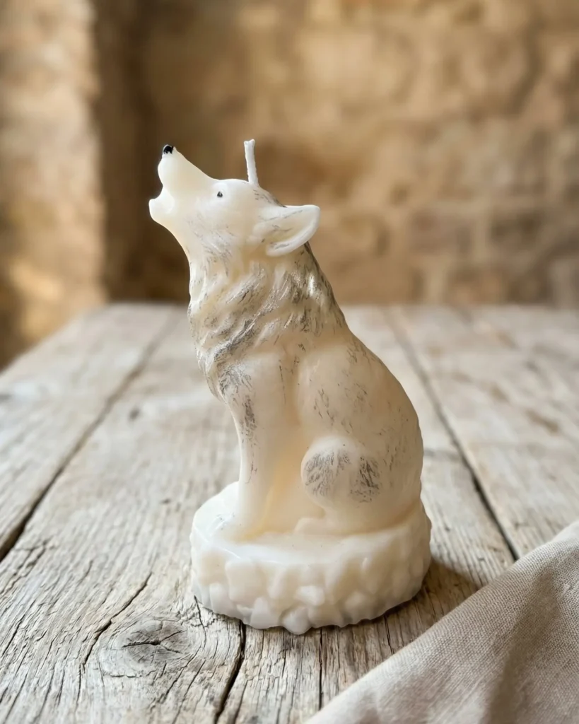 Vela decorativa de soja con forma de lobo blanco vista lateral sobre mesa de madera envejecida