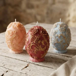 Conjunto de velas decorativas de soja estilo Huevo Fabergé en colores rojo, rosa y azul con detalles dorados sobre mesa rústica