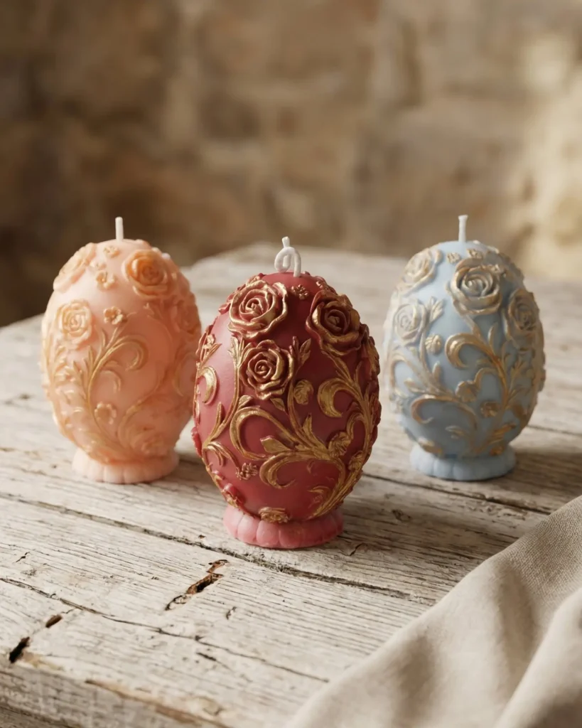Conjunto de velas decorativas de soja estilo Huevo Fabergé en colores rojo, rosa y azul con detalles dorados sobre mesa rústica