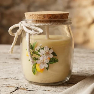 vela antimosquitos natural de soja en tarro de cristal con tapa de corcho sobre mesa de madera rústica