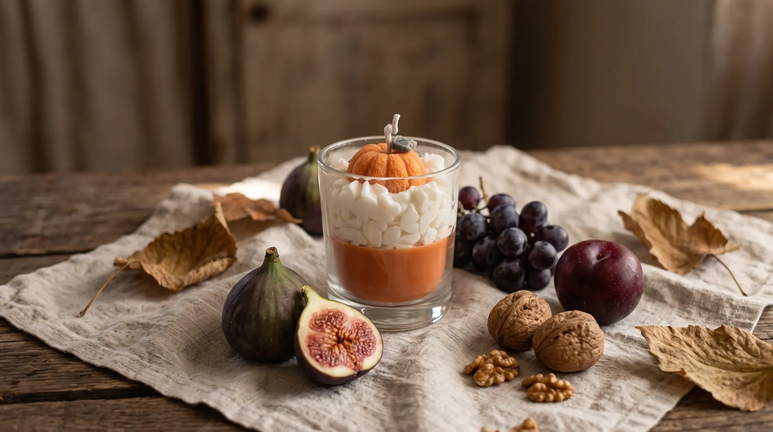 Vela artesanal decorativa en vaso de cristal con diseño de calabaza, rodeada de higos, uvas, nueces y hojas secas sobre lino y madera natural.